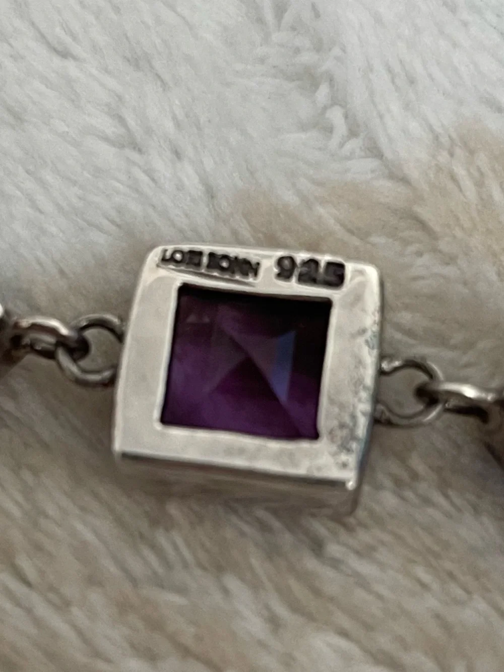 Vintage Lori Bonn 925 Sterling Silver Bracelet Three Purple Square Gemstones